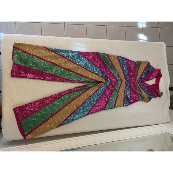 Nasty Gal Multicolor Sequin Halter Wide-Leg Jumpsuit Striped Size 10 - Picture 2 of 8